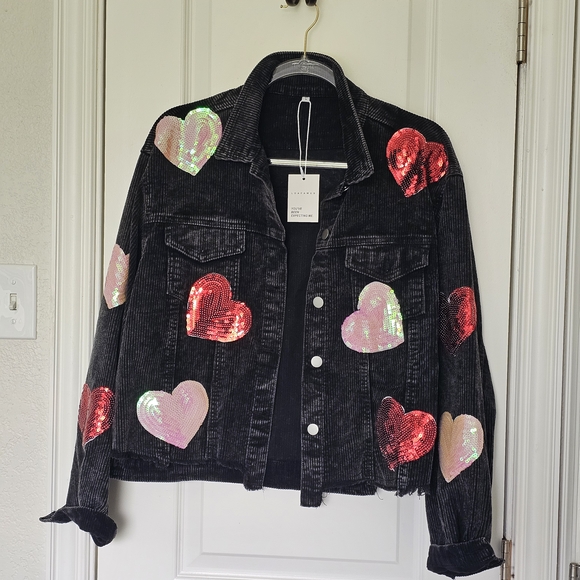 Jackets & Blazers - Sequin Heart Black Denim Jacket